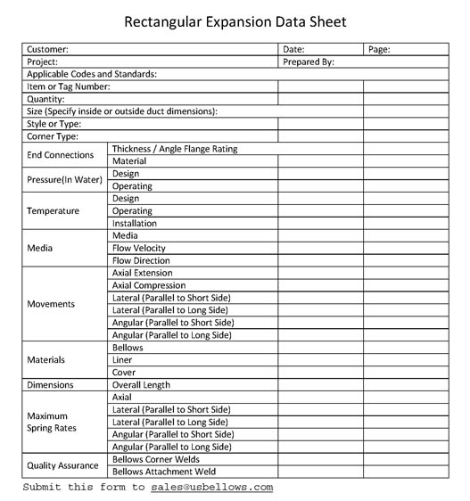 Rectangular Expansion Joint Data Sheet