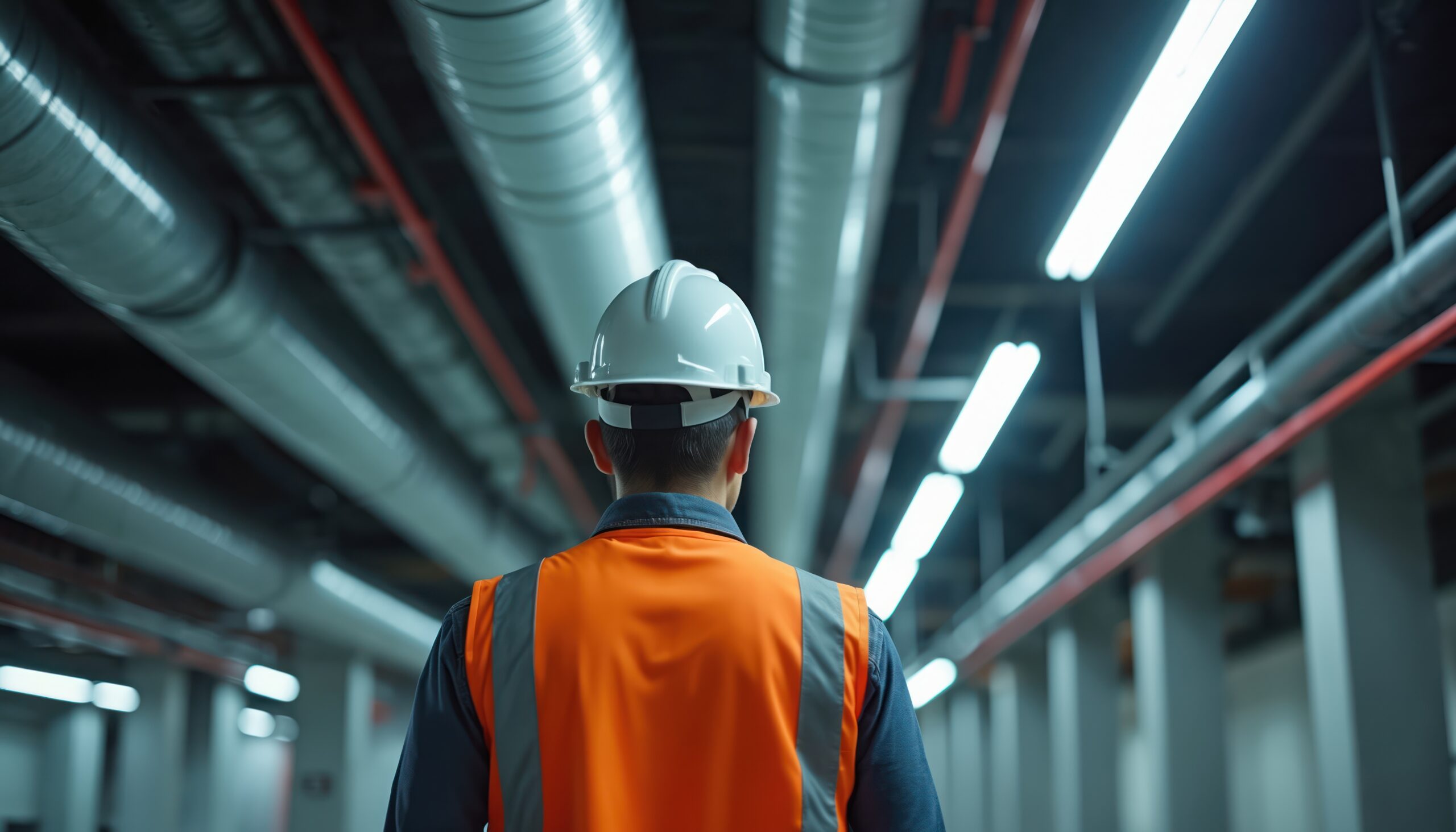 Man wearing hard hat and safety vest inspects hvac system in industrial building. worker monitors ductwork and pipes in commercial facility. engineer oversees infrastructure in large office building.