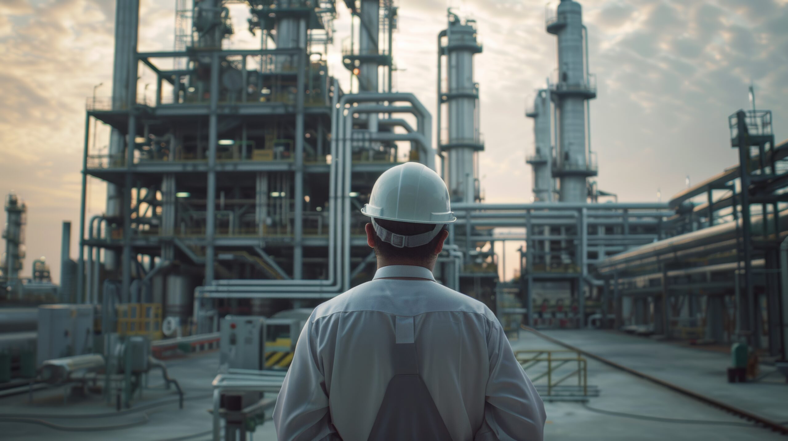 Outdoor shot of the back of an engineering manager with a helmet under his arm and a hydrogen power plant in the background.
